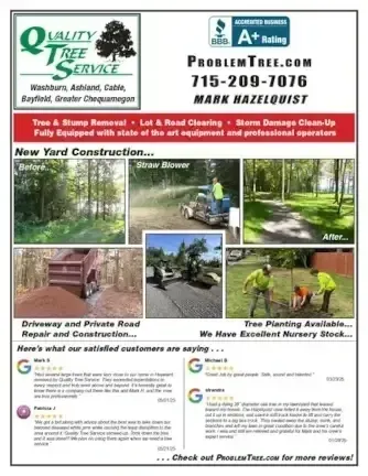 Advertisement for tree service featuring yard construction