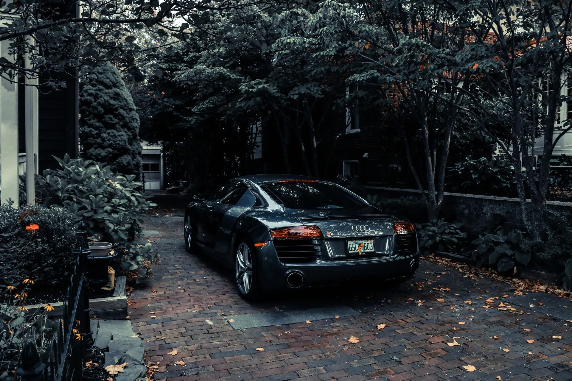 Dark green car parked on a leaf-strewn driveway beside a house, surrounded by dense trees.